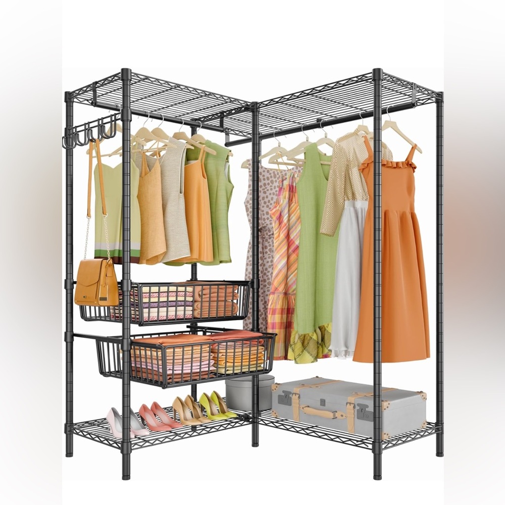 Heavy duty corner closet system, adjustable, convertible. User friendly!